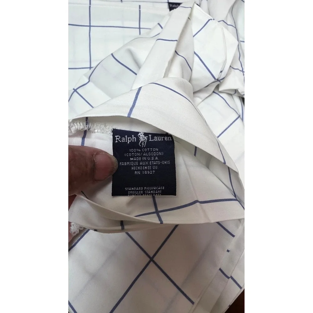 Ralph Lauren Windowpane Check Queen Sheet Set White Blue 100% Cotton Made in USA